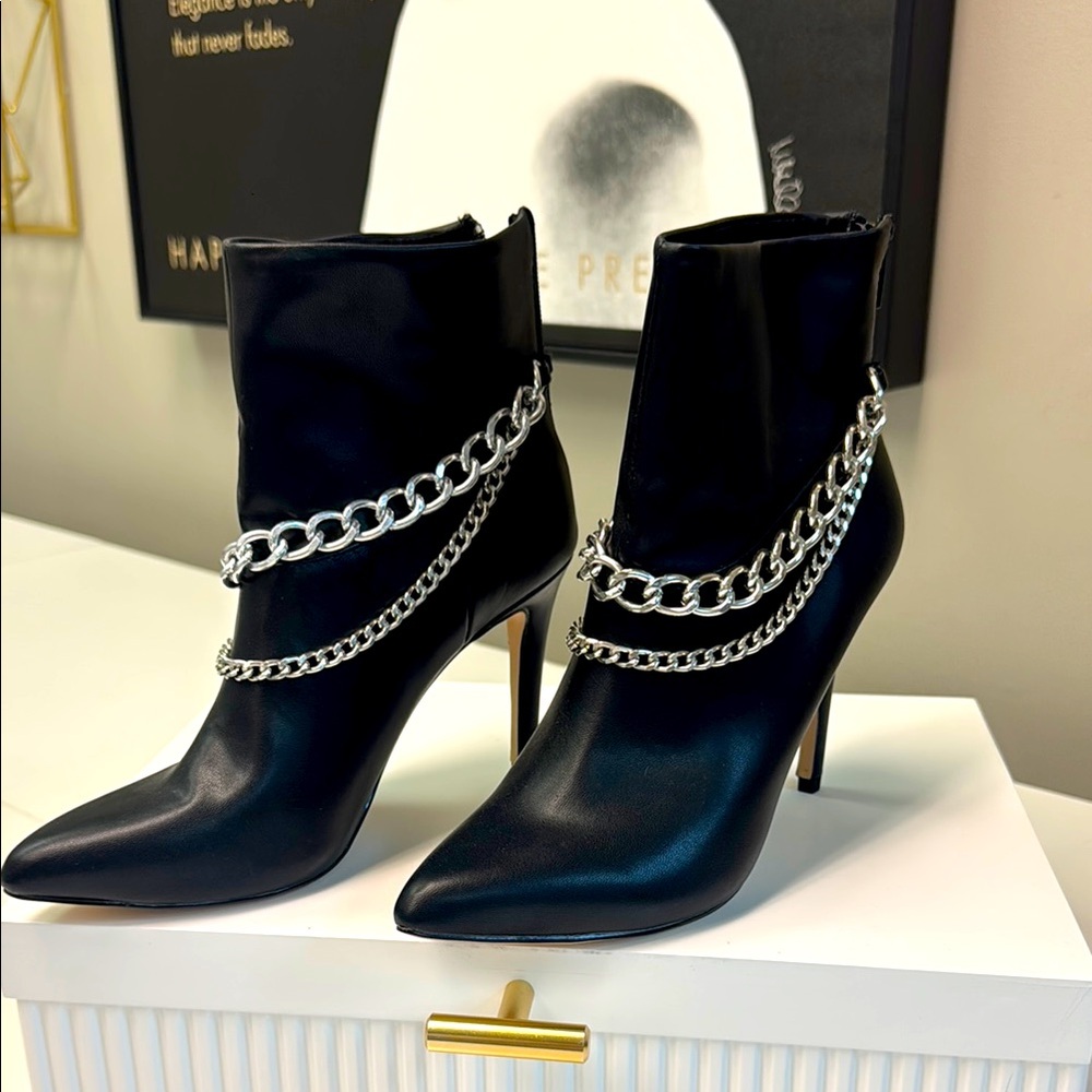 Elegant Black Chain-Embellished Ankle Boots
